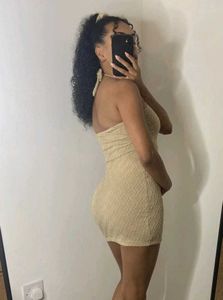 H&amp;M Beige Tan Textured Halterneck Mini Dress