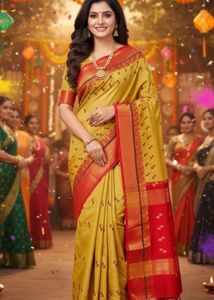 Elegant Mustard & Red Silk Saree