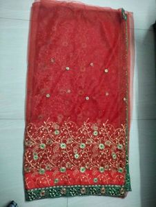 Embroidered Orange &amp; Green Saree Fabric
