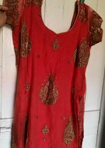 Red Net Embroidered Kurti Women