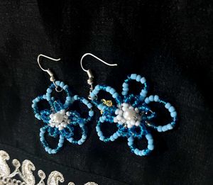 Blue Beaded Flower Earrings