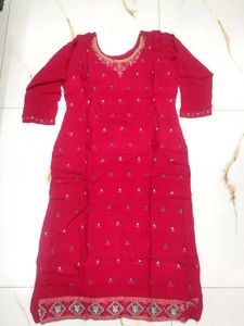 Red Embroidered Kurti Set