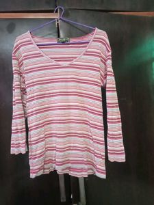 Pink Striped V-Neck Long Sleeve Top