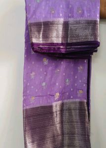 Elegant Banarasi Saree with Silver Zari Border ✨