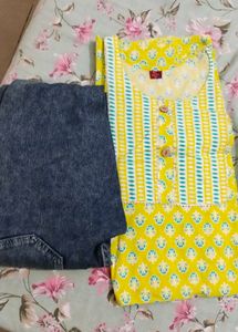 Yellow & Blue Printed Kurti With Jeans Combo
