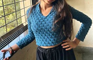 Textured Blue Long Sleeve Crop Top