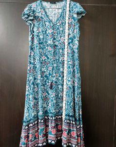 Teal Floral Midi Dress With Very Short Sleeves