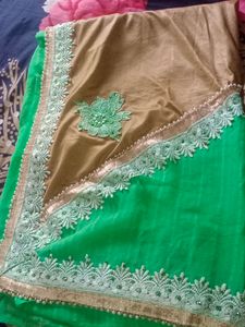 Green Chiffon Saree Pearl  With Stiched Blouse