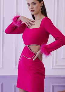 Pink Feather Trim Mini Dress