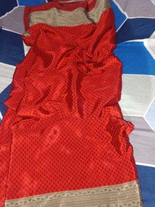 crape school uniform Red Printed Saree