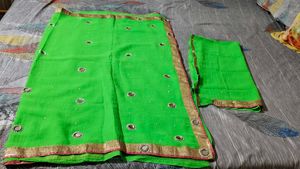 New Parrot Green Sari With Unstitched Blouse