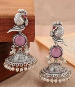 Antique Oxidised Pink Stone Peacock Jhumka Earring