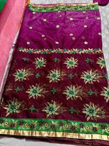 Embroidered Navy Saree with Pink Border