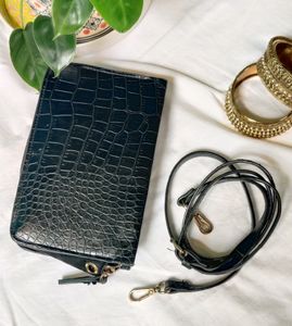 H&amp;M Black Sling Bag With Croc Finish