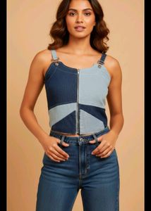 Trendy Denim Patchwork Crop Top🐬