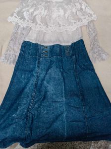 Denim Skirt & Lace Top Set