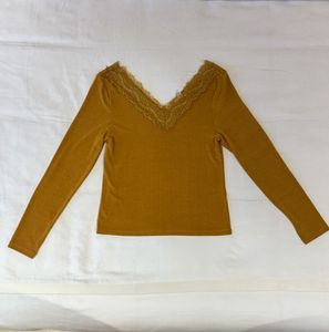 Mustard Lace Trim Long Sleeve Top