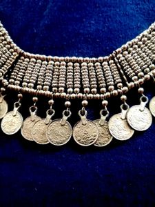 Traditional Silver-Toned Beaded and Coin Necklace
