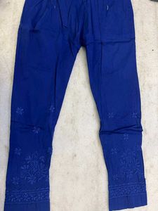 Blue Embroidered Cotton Pants