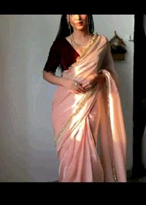 New Peach Saree With Velvet Blouse Piece