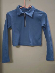 Blue Collared Crop Top