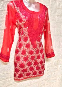 Hand Chikankari Tamato Red Top/ Short Kurta