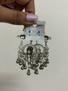 Ganesha Trishul Colourful Silver Jhumka