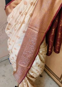 beautiful 😍 Cream &amp; Maroon slik pattu Saree 🔥