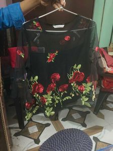 Party Wear Black Net Top With Red Flower