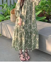 One-Size Elegant Green Print Off-Shoulder Dress