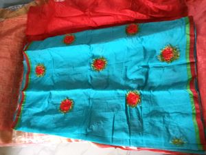 Blue with Red Floral Design ChanderiCotton Saree