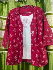 Floral Red Jacket with White Tank Top