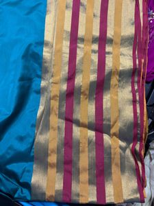Silk Saree Fabric - Teal &amp; Gold