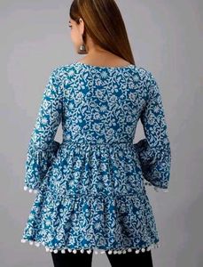 Blue Floral Tiered Top with Pom-Pom Trim