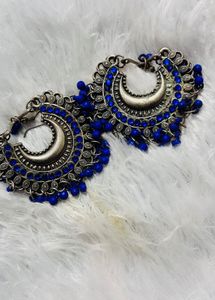 Blue Beaded Crescent Earrings
