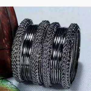 Fancy Oxidised Silver Black Plated Bangle Set