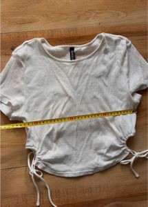 H&amp;M White Ribbed Drawstring Top