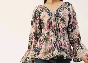 Floral Print Bell Sleeves Peplum Top.