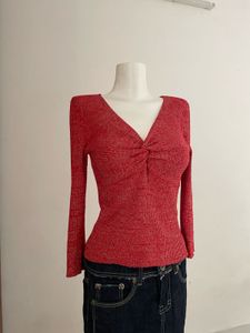 Red V-Neck Long Sleeve Top