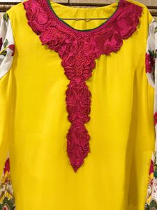 Bright Yellow Embroidered Frock with Trousers