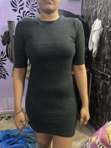 Gray Ribbed Knit Midi Dress