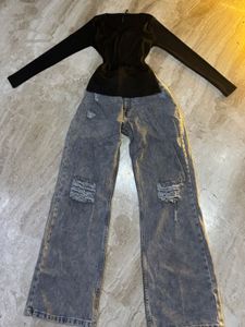 Ribbed Grey Straight Fit Jeans.SIZE-32-34.