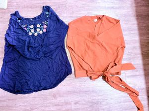 2 Tops-Coral Overlap Tie Top & Blue Short Kurta