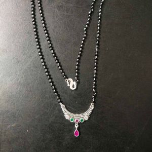 PureSilver Single Line Green&amp;Pink Stone Mangalsutr
