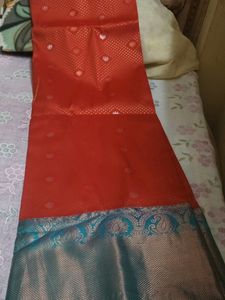 Pattu Red Saree With Sky-blue And Green Shade