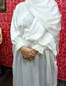 White Satin Stone Embroidered Abaya