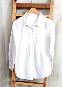 White Self Design Cotton Shirt Size-38