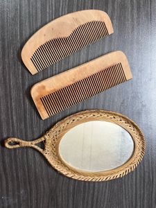 Wooden Comb & Mirror Set
