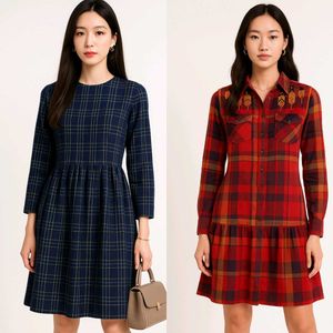 Plaid Pleated Korean Dress Combo