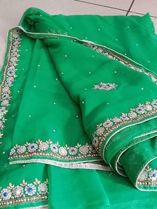 Green Embellished Sari With Blouse